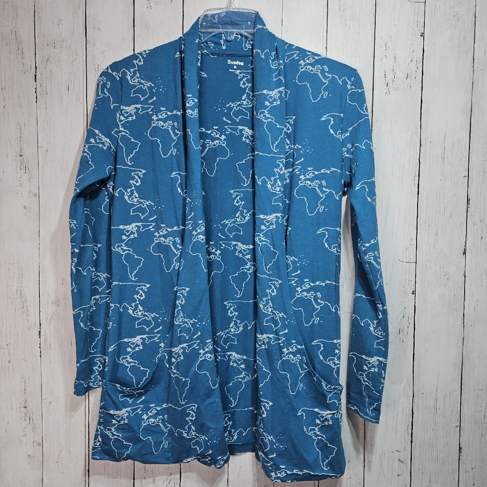 Svaha Women's Blue World Map Cotton Blend Burnout Cardigan Geography Size Medium